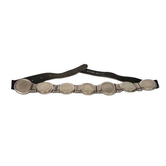 VTG Black Leather Concho Silver Medallion Bars Belt  Made In Argentina SZ S/M 34
